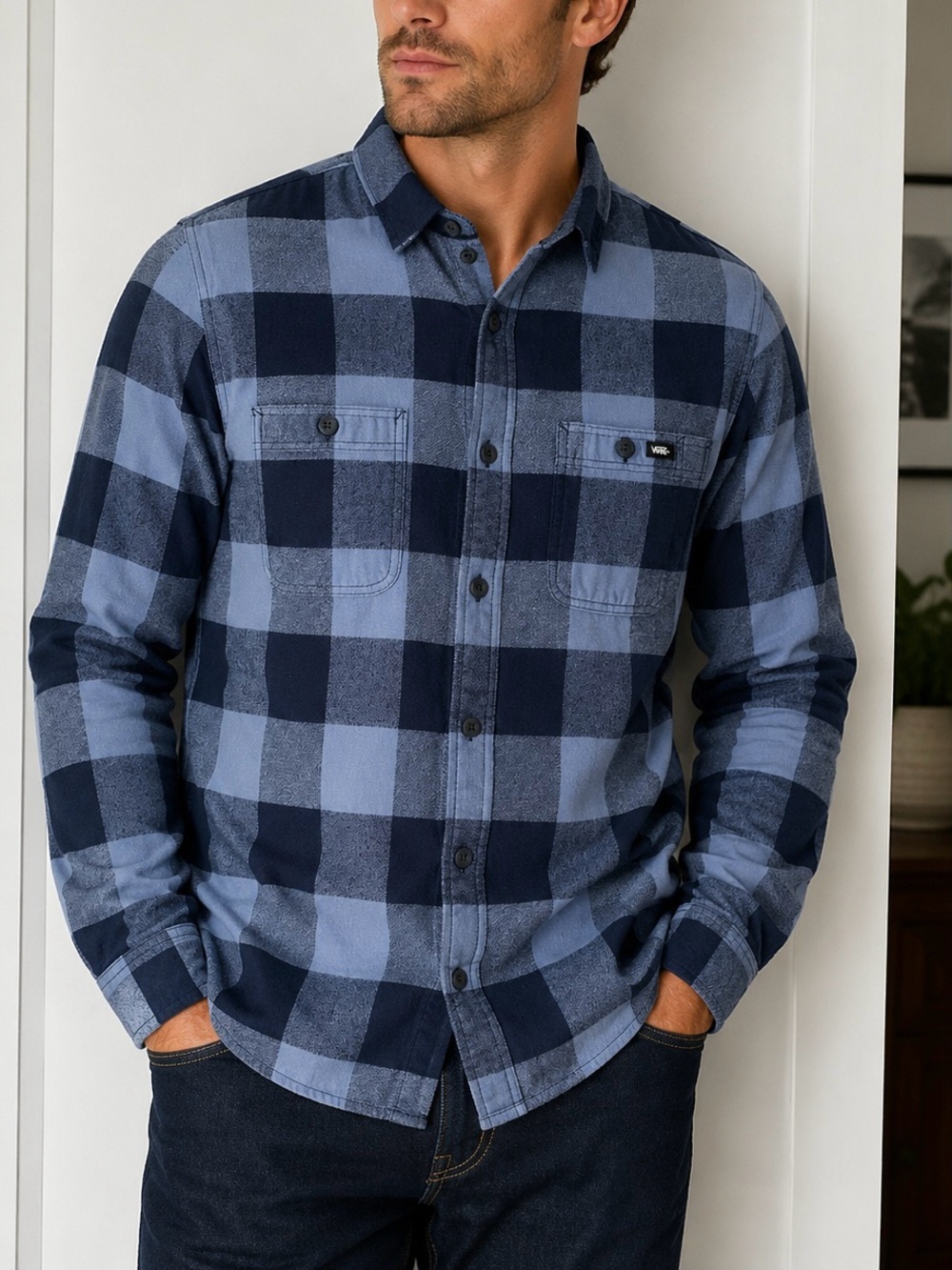 Vans Men's Two-Tone Blue Check Flannel Button-Down Shirt Size M